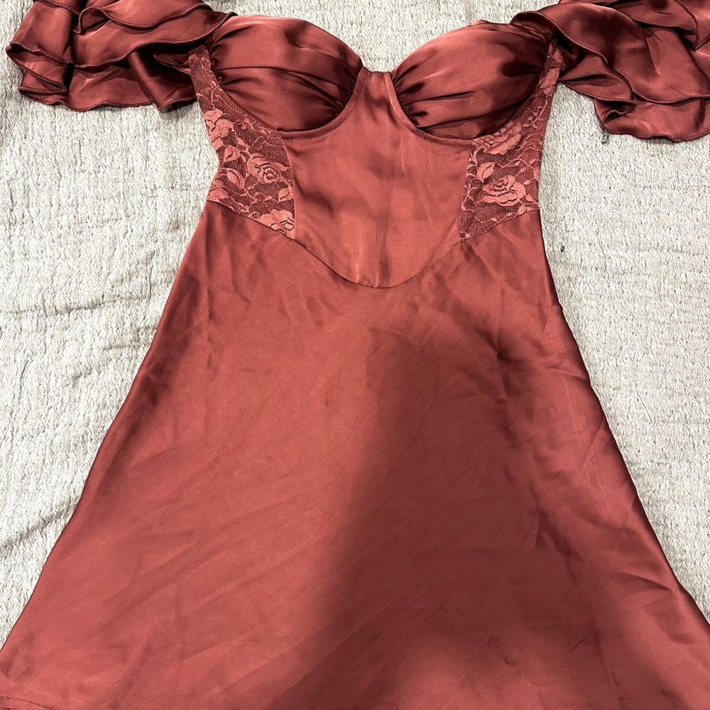 Rust Satin Lace Mini Dress | Romantic Off Shoulder Dress